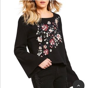 CHELSEA & VIOLET EMBROIDERED PEARL DETAIL LONG‎ FLOUCE SLEEVE TOP, BLACK SIZE L